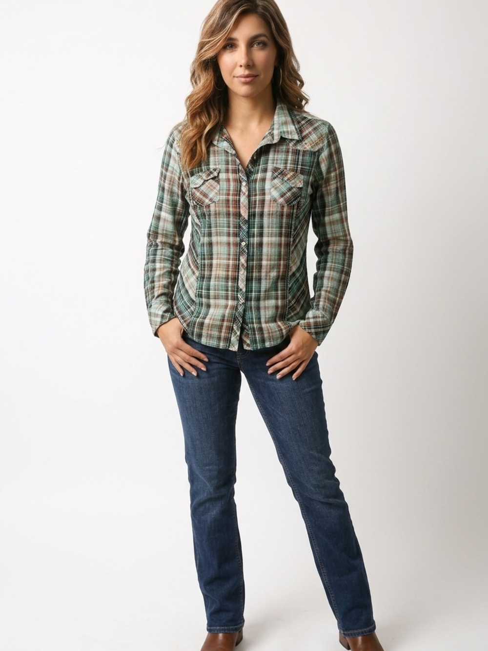 Adiktd Western Plaid Pearl Snap Shirt Studded Trim 100 Percent Cotton Lg